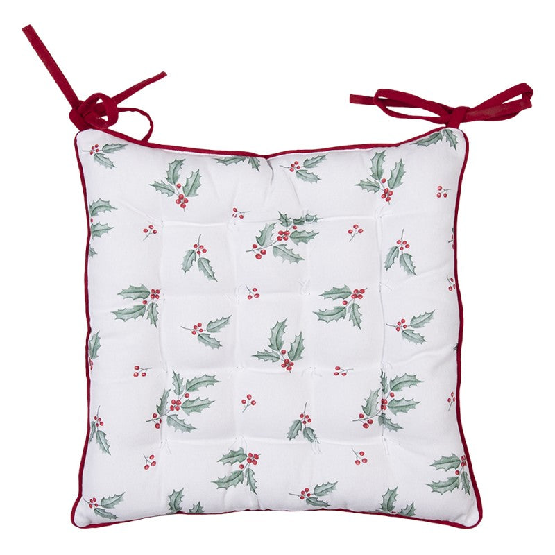Díszpárna Karácsonyi szarvasos, magyal mintás pamut székpárna, kötős, 40x40cm, Holly Christmas