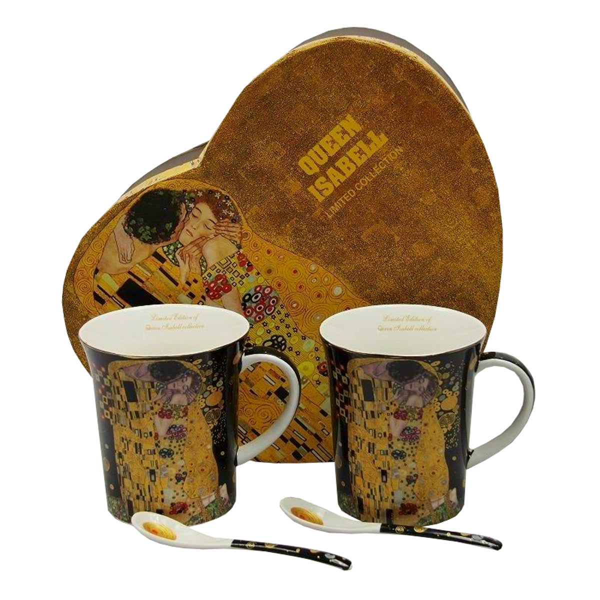 Pohár Klimt porcelán bögre szett kanállal 2 személyes szív dobozos fekete