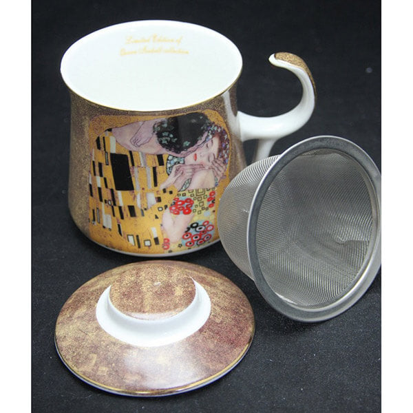Bögre, csésze Klimt porcelán bögre tetővel és fémszűrővel 300 ml A Csók