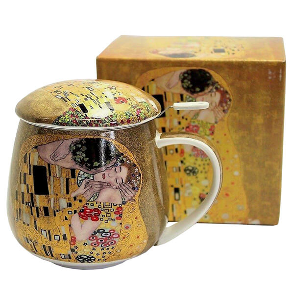 Bögre, csésze Klimt porcelán bögre tetővel és fémszűrővel 450 ml A Csók