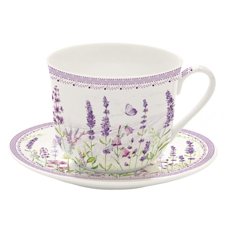Bögre, csésze Levendulás Porcelán reggelizőcsésze + alj dobozban
