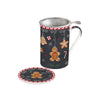 Bögre, csésze Mézeskalács karácsonyi porcelán bögre tetővel, fém szűrővel díszdobozban, 300 ml - Gingerbread
