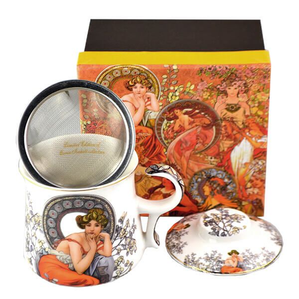Bögre, csésze Mucha porcelán bögre fém szűrővel díszdobozban Topáz