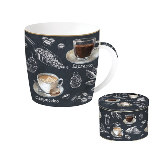 Bögre, csésze Porcelán kávés bögre fémdobozban Barista