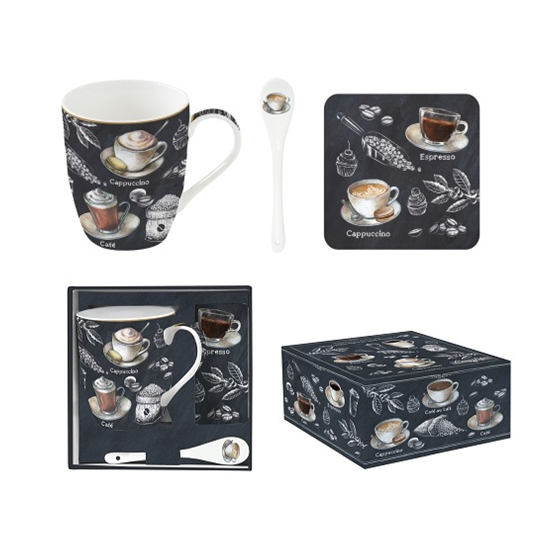 Bögre, csésze Porcelán kávés bögre kanállal és parafa alátéttel díszdobozban Barista