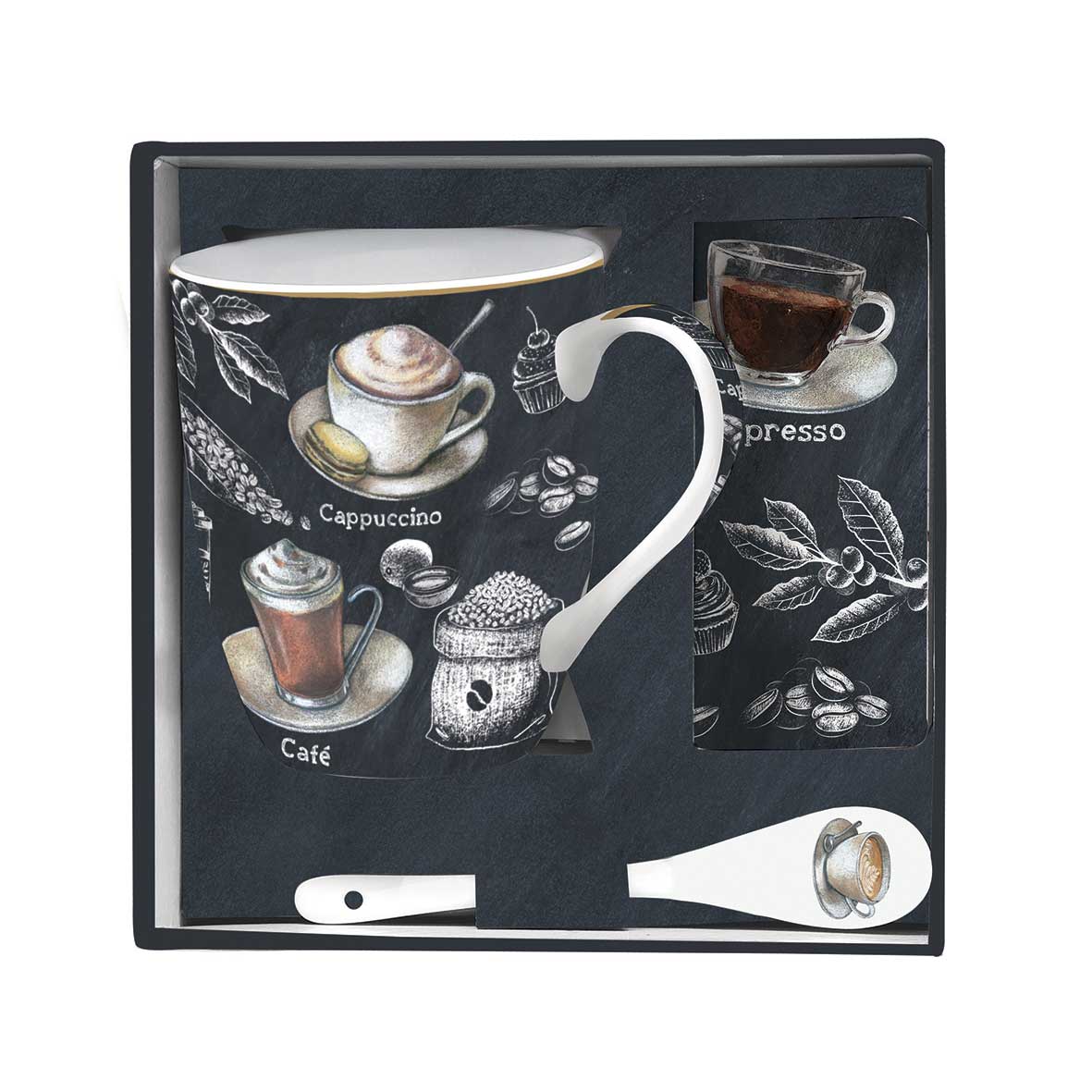 Bögre, csésze Porcelán kávés bögre kanállal és parafa alátéttel díszdobozban Barista