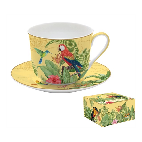 Bögre, csésze Porcelán pálmafás tukános nagy teás csésze aljjal Exotic Paradise