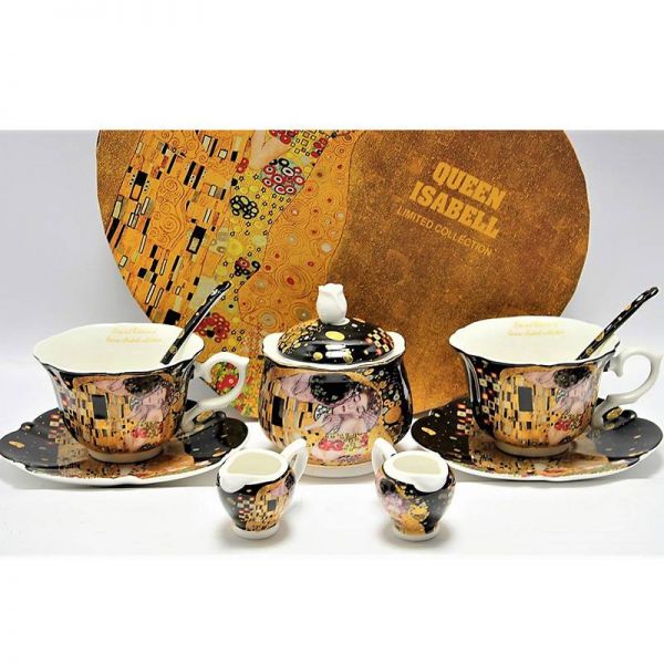 Bögre, csésze Porcelán teás készlet 2 személyes fekete Klimt A csók