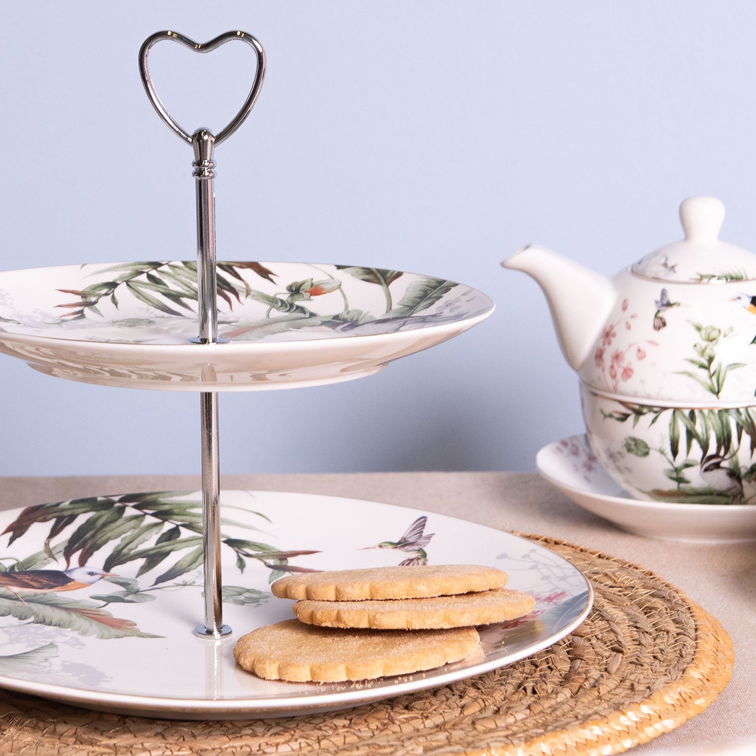 Tortatál Porcelán tortatál 2 emeletes leveles madaras