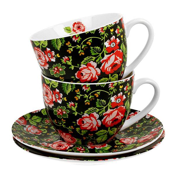 Bögre, csésze Rózsás 2 személyes porcelán teás csésze aljjal díszdobozban