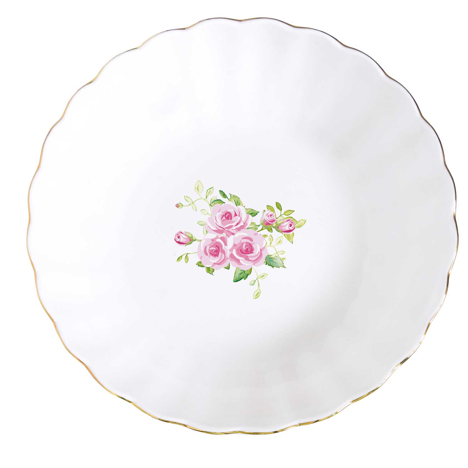 Tányér, étkészlet Rózsás porcelán mélytányér arany szegéllyel