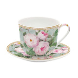 Bögre, csésze Rózsás porcelán reggeliző csésze aljjal díszdobozban
