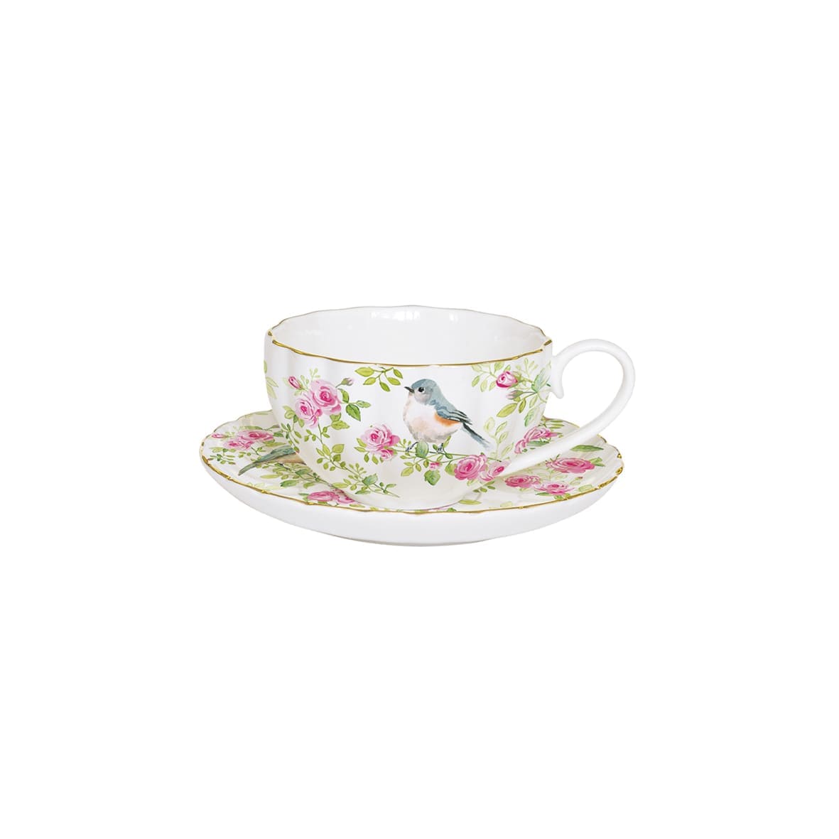 Bögre, csésze Rózsás porcelán teás csésze arany szegéllyel 200 ml