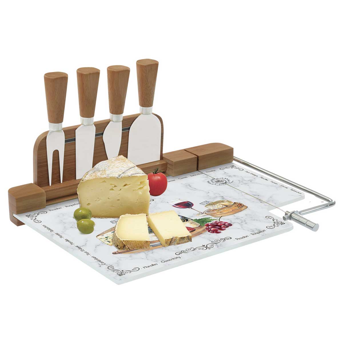 Sajtvágó Sajtvágókészlet üveglapos 4 db sajtvágó késsel Les Fromages