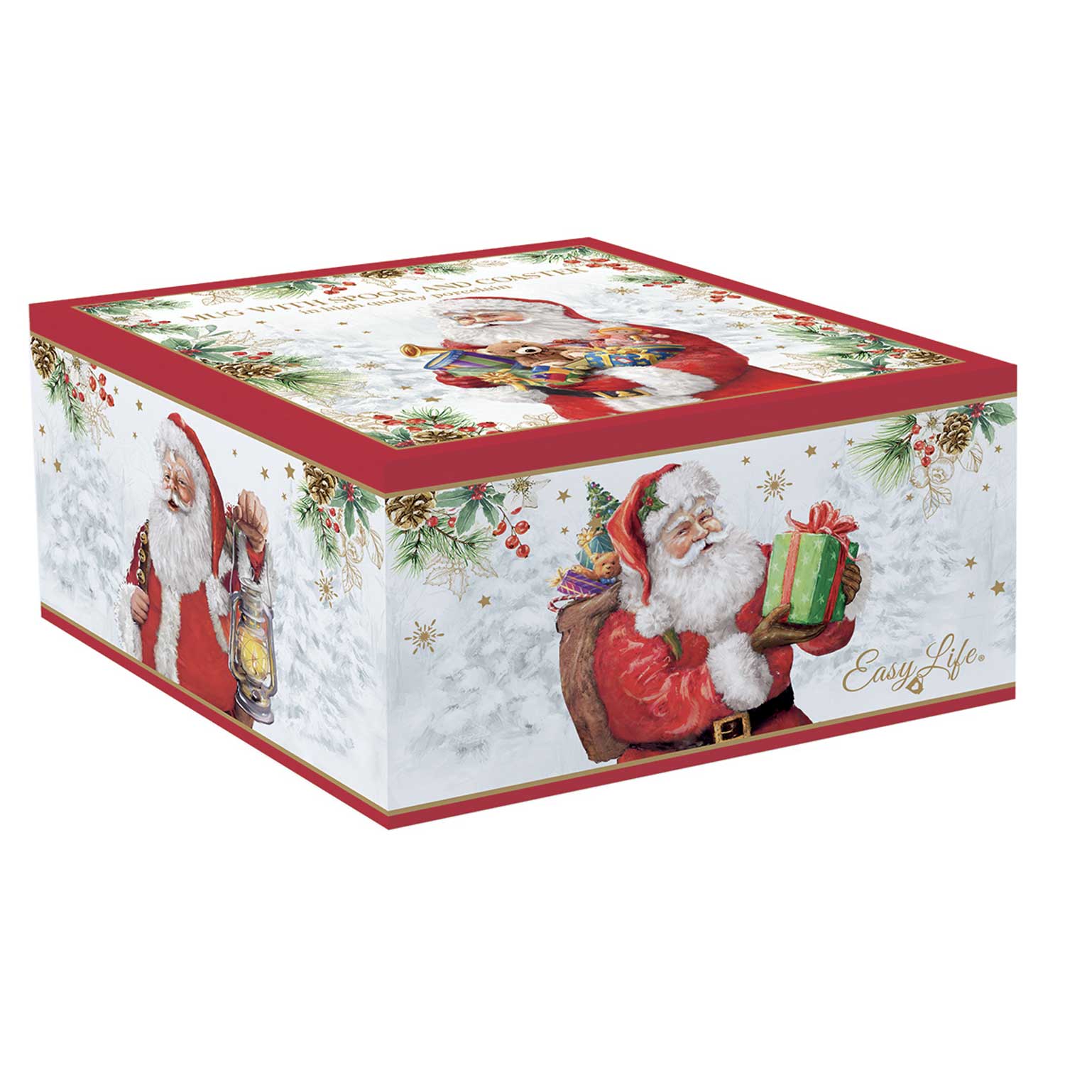Bögre Santa is coming karácsonyi porcelán bögre kanállal parafa poháralátéttel