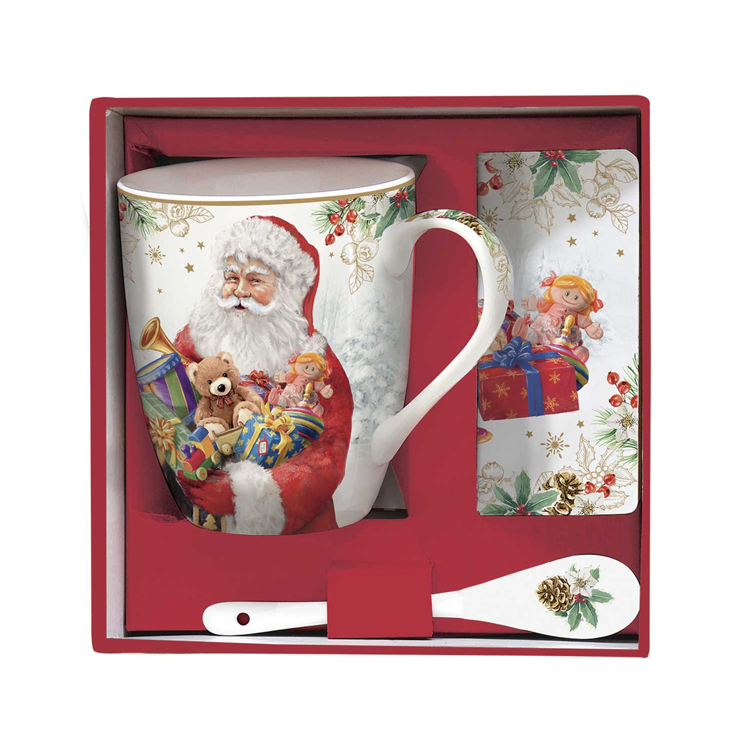 Bögre Santa is coming karácsonyi porcelán bögre kanállal parafa poháralátéttel