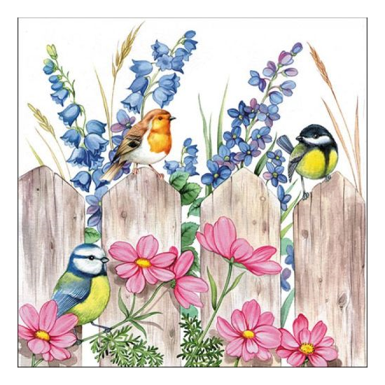 Szalvéta Tavaszi madarak a kerítésen papírszalvéta Birds on Fence 33x33cm