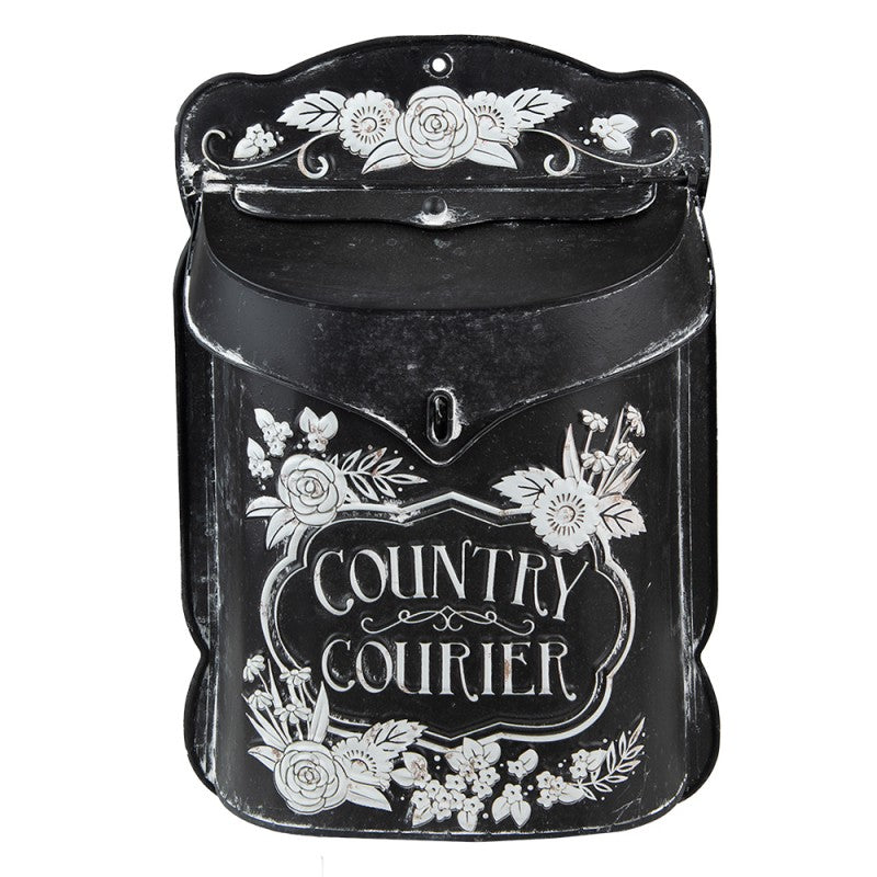 Postaláda Vintage fém fekete postaláda fehér virágokkal Country Courier