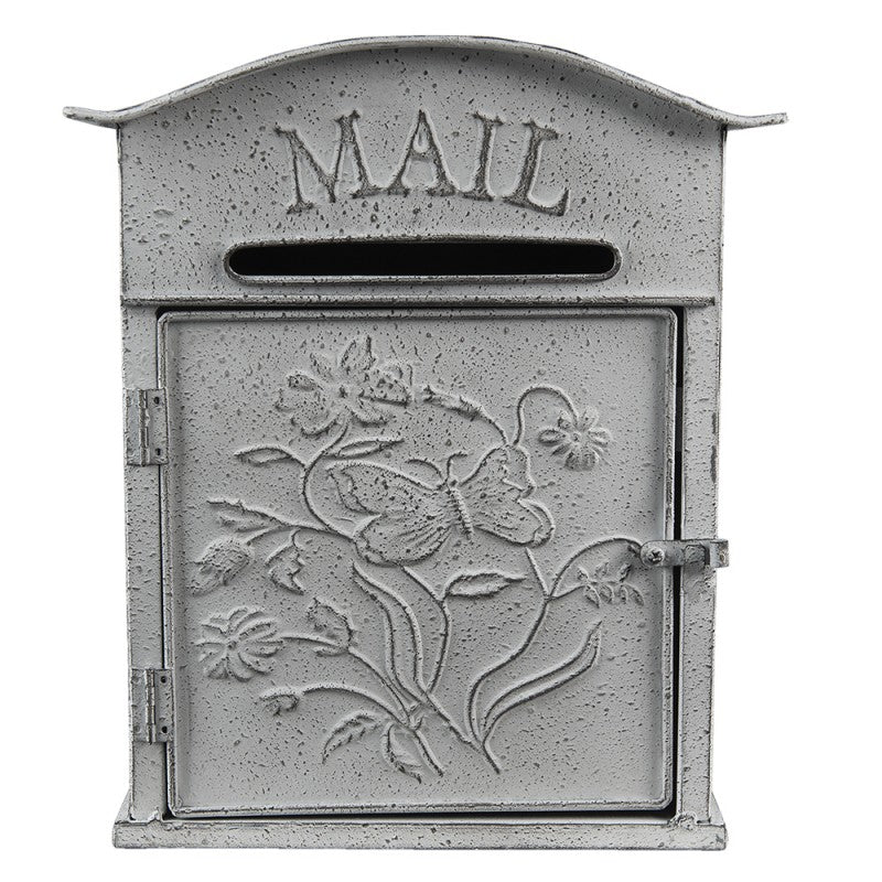 Postaláda Vintage fém szürkés fehér postaláda virágokkal, pillangóval MAIL