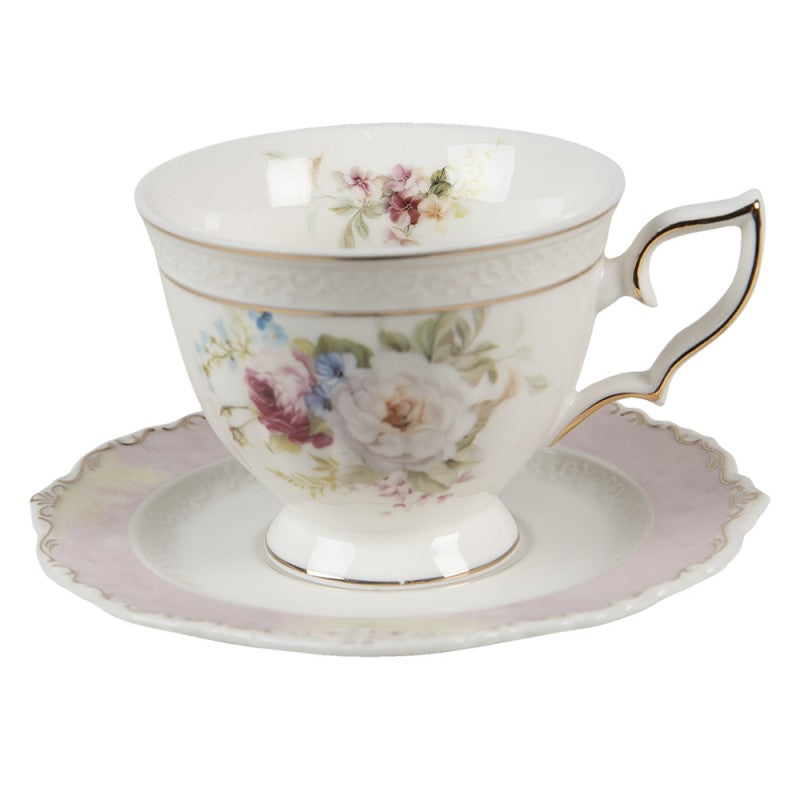 Bögre, csésze Vintage viktoriánus rózsa mintás porcelán teáscsésze aljjal arany peremmel fehér