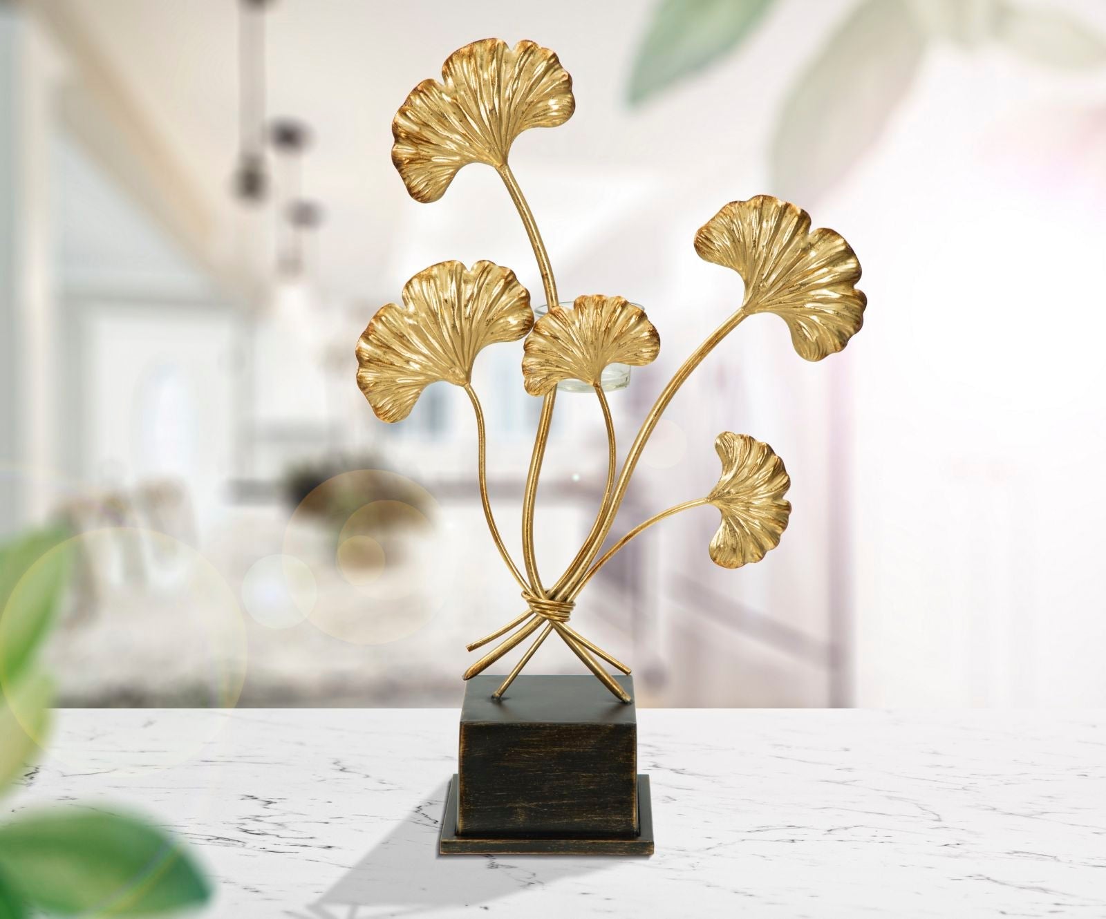 Arany ginkgo leveles fém gyertyatartó 44 cm Gyertyatartó Mauro Ferretti