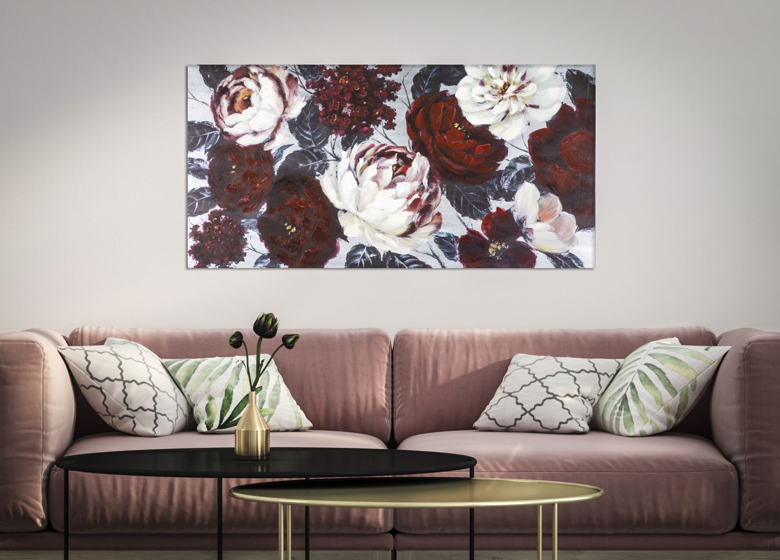 Sötét Hátteres Virágos Falikép – Vörös és Fehér Peóniák, Vászonkép 120×60 cm Falikép Mauro Ferretti