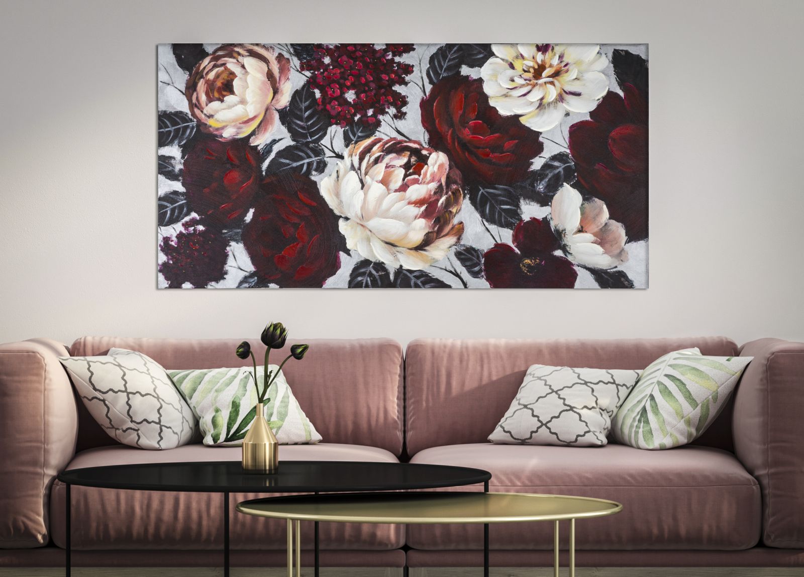 Virágos Falikép Vörös és Fehér Peóniákkal – Vászonkép 150×76 cm Falikép Mauro Ferretti