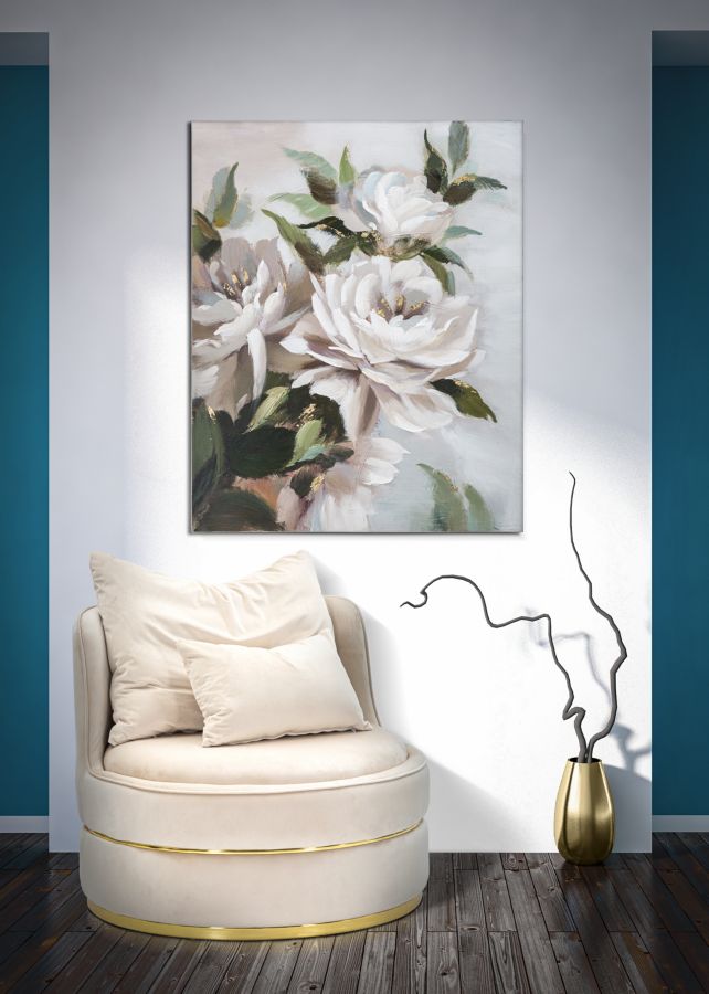 Virágos Falikép Zöld Levelekkel – Elegáns Fehér Vászonkép 80×100 cm Falikép Mauro Ferretti