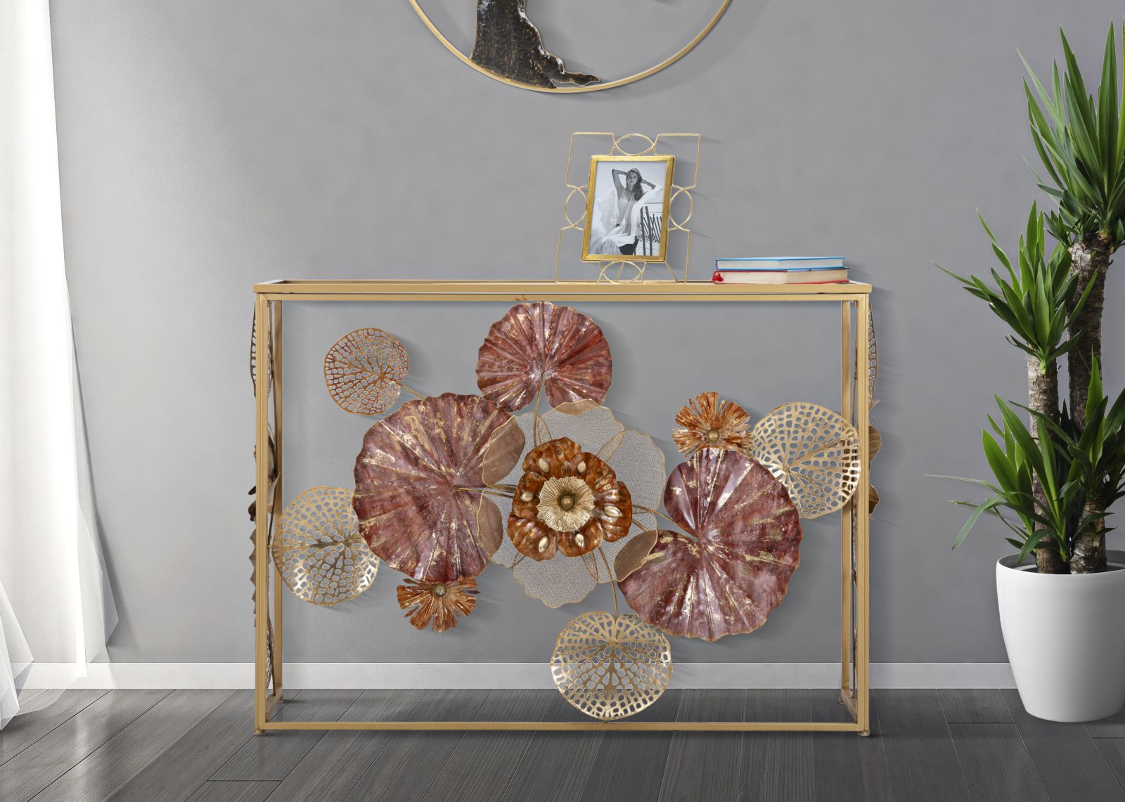 Design arany színes virágos konzolasztal 114X41,5X80 cm tükrös Konzolasztal Mauro Ferretti