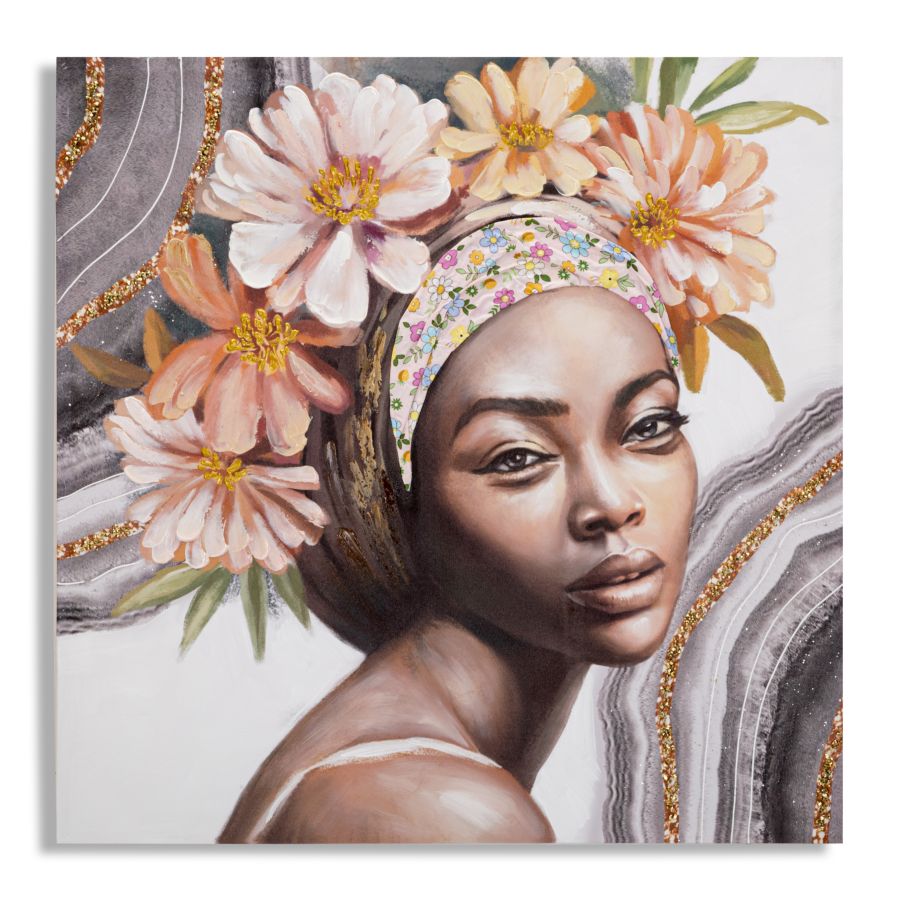 Portré Falikép Virágos Fejdísszel – Modern Vászonkép 100×100 cm Falikép Mauro Ferretti