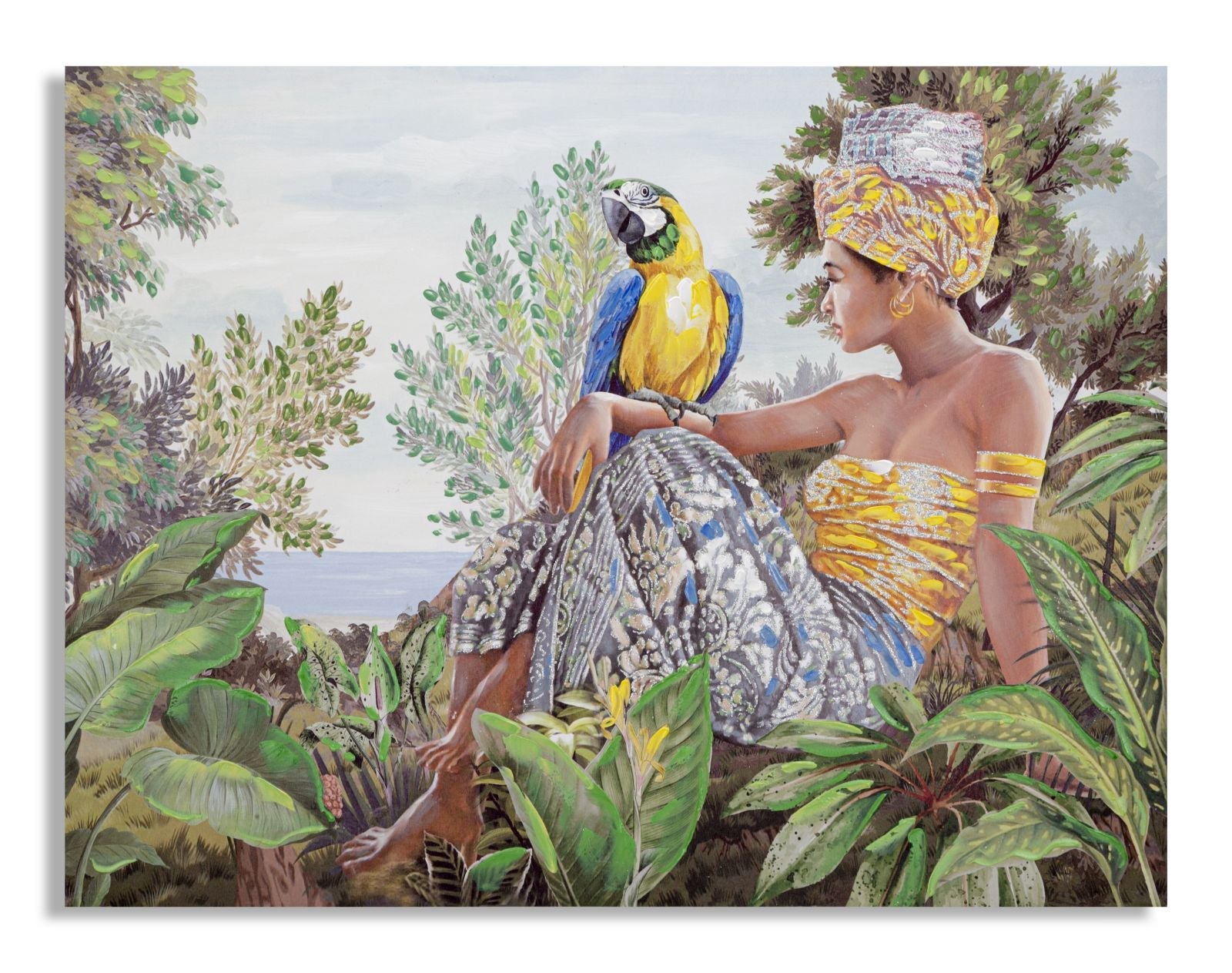 Trópusi Falikép Női Alakkal és Papagájjal – Vászonkép 120×90 cm Falikép Mauro Ferretti