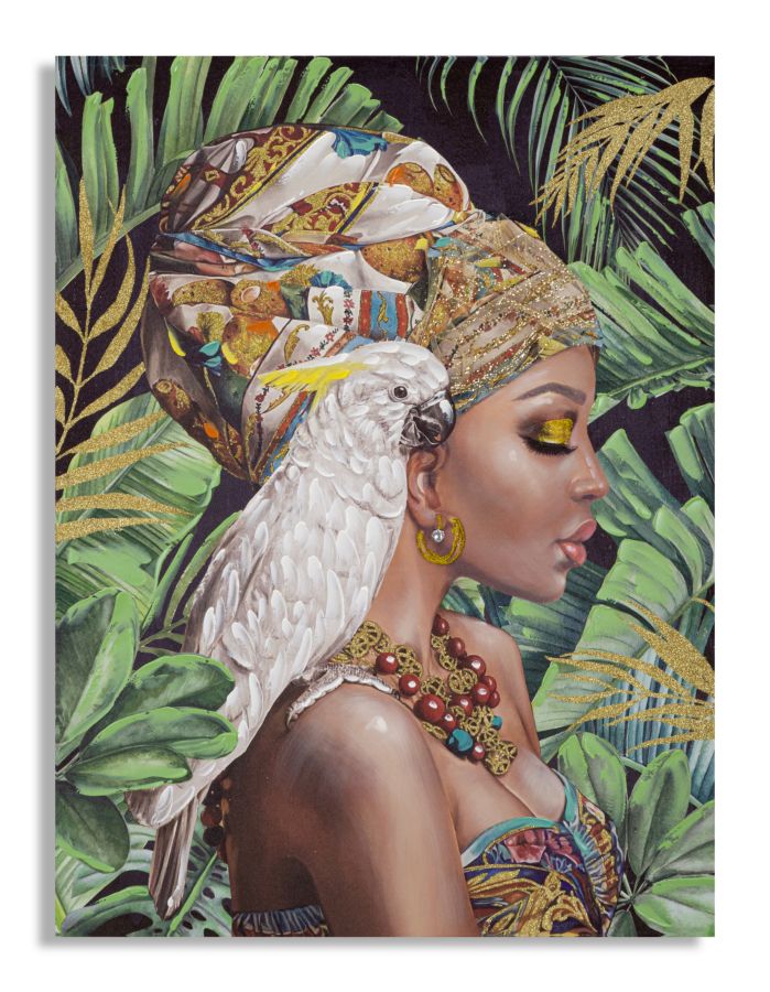 Trópusi Portré Falikép Papagájjal – Boho Vászonkép 90×120 cm Falikép Mauro Ferretti
