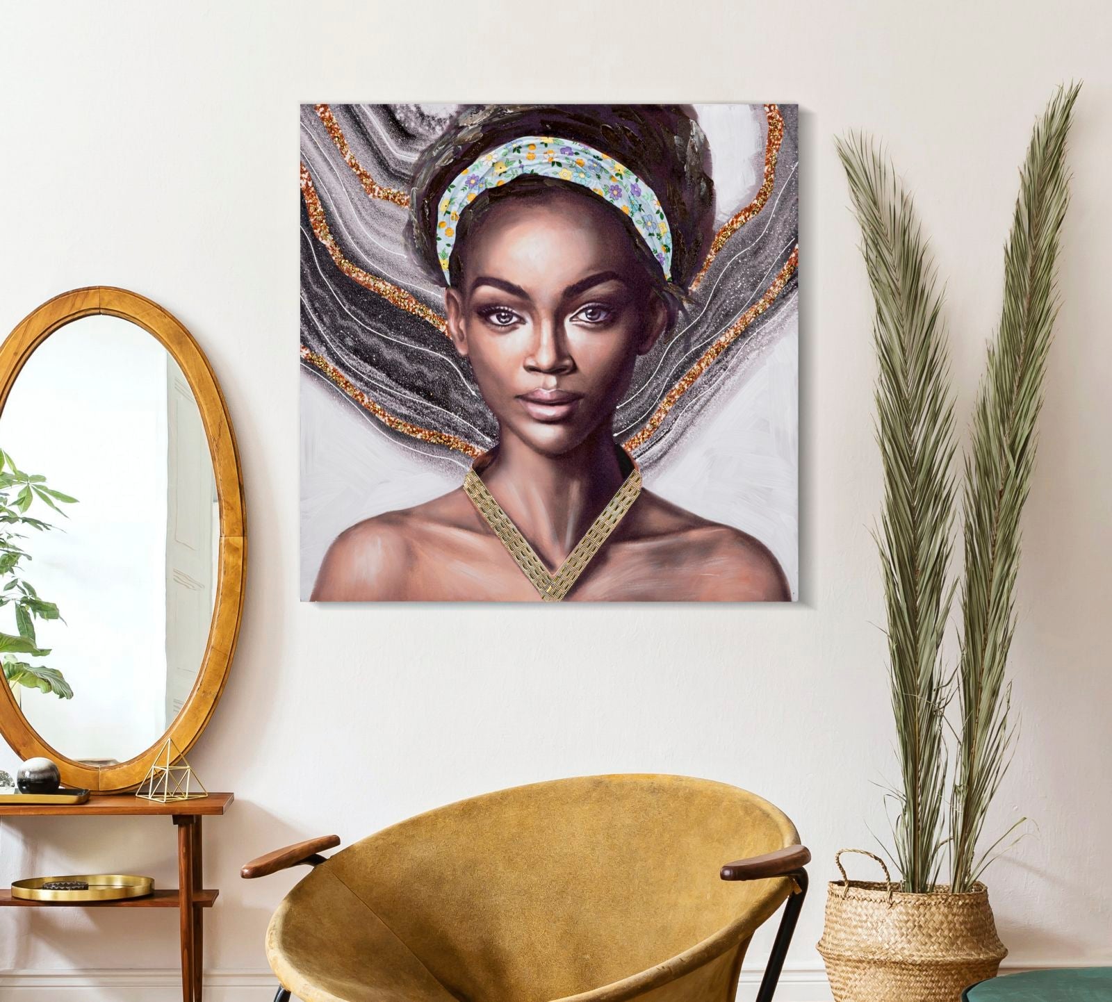 Modern Portré Falikép Virágos Fejpánttal – Vászonkép 100×100 cm Falikép Mauro Ferretti