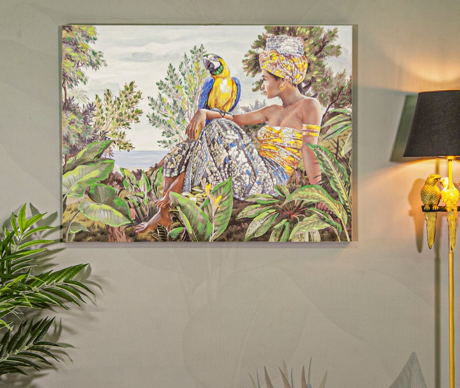 Trópusi Falikép Női Alakkal és Papagájjal – Vászonkép 120×90 cm Falikép Mauro Ferretti