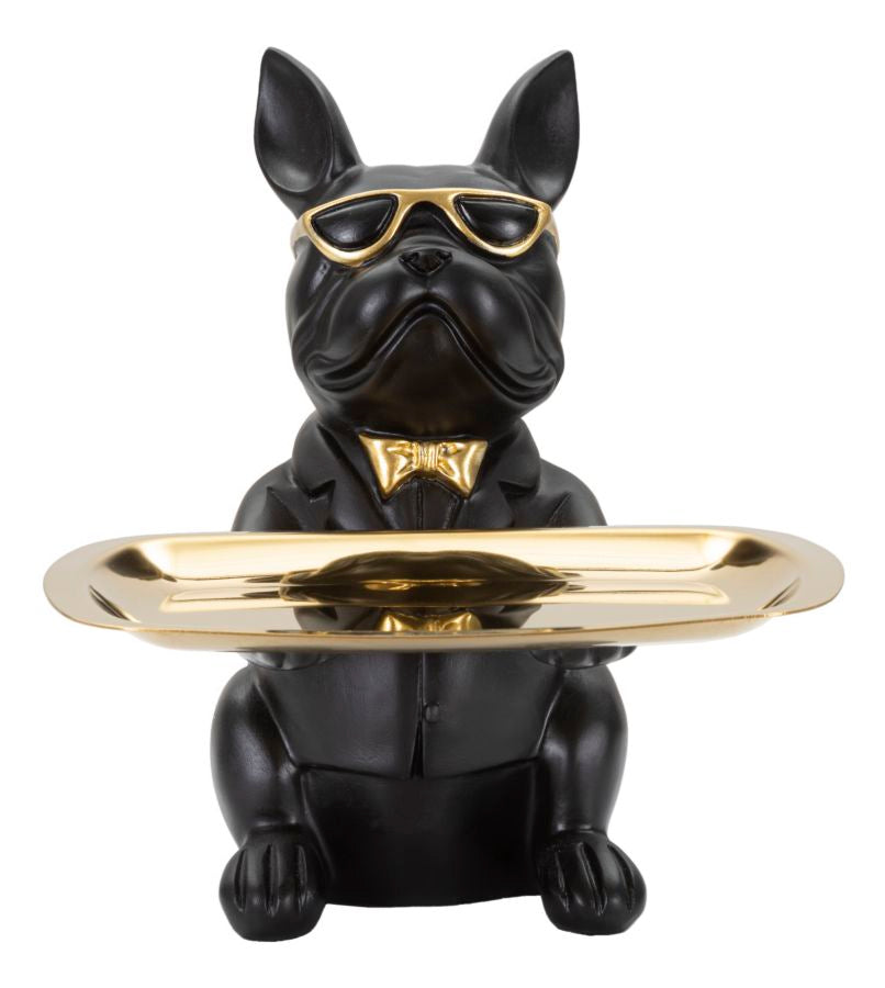 Frenchie Butler – fekete-arany bulldog dekoráció tálcával 19X20X23,5 cm Dekorációs figura Mauro Ferretti