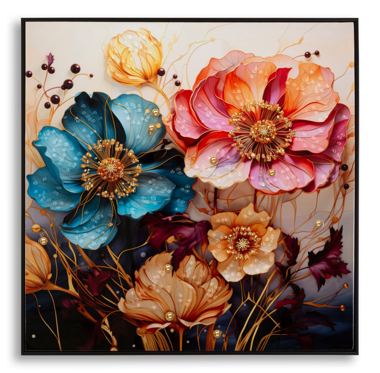 Virág mintás vászonkép fekete fém kerettel 82×82 cm