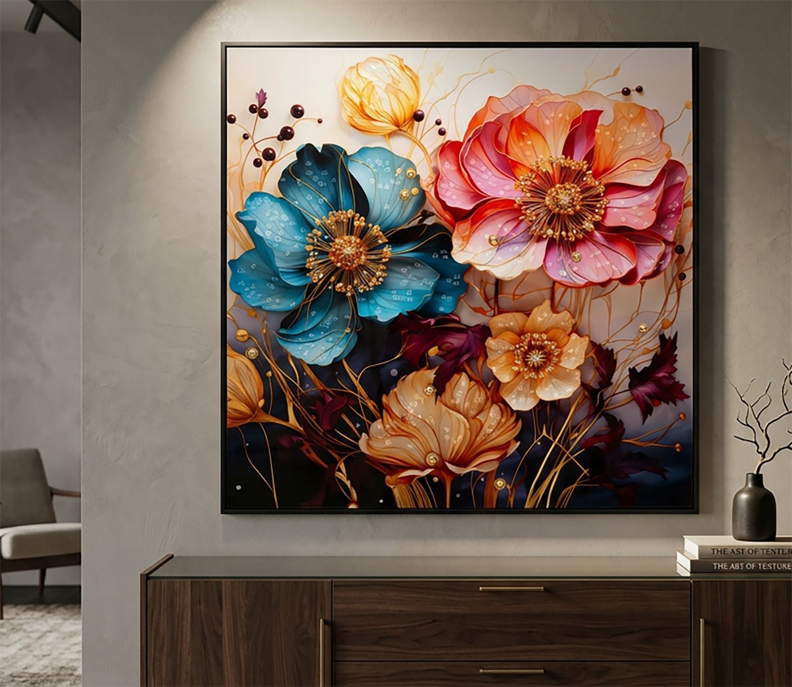 Virág mintás vászonkép fekete fém kerettel 82×82 cm