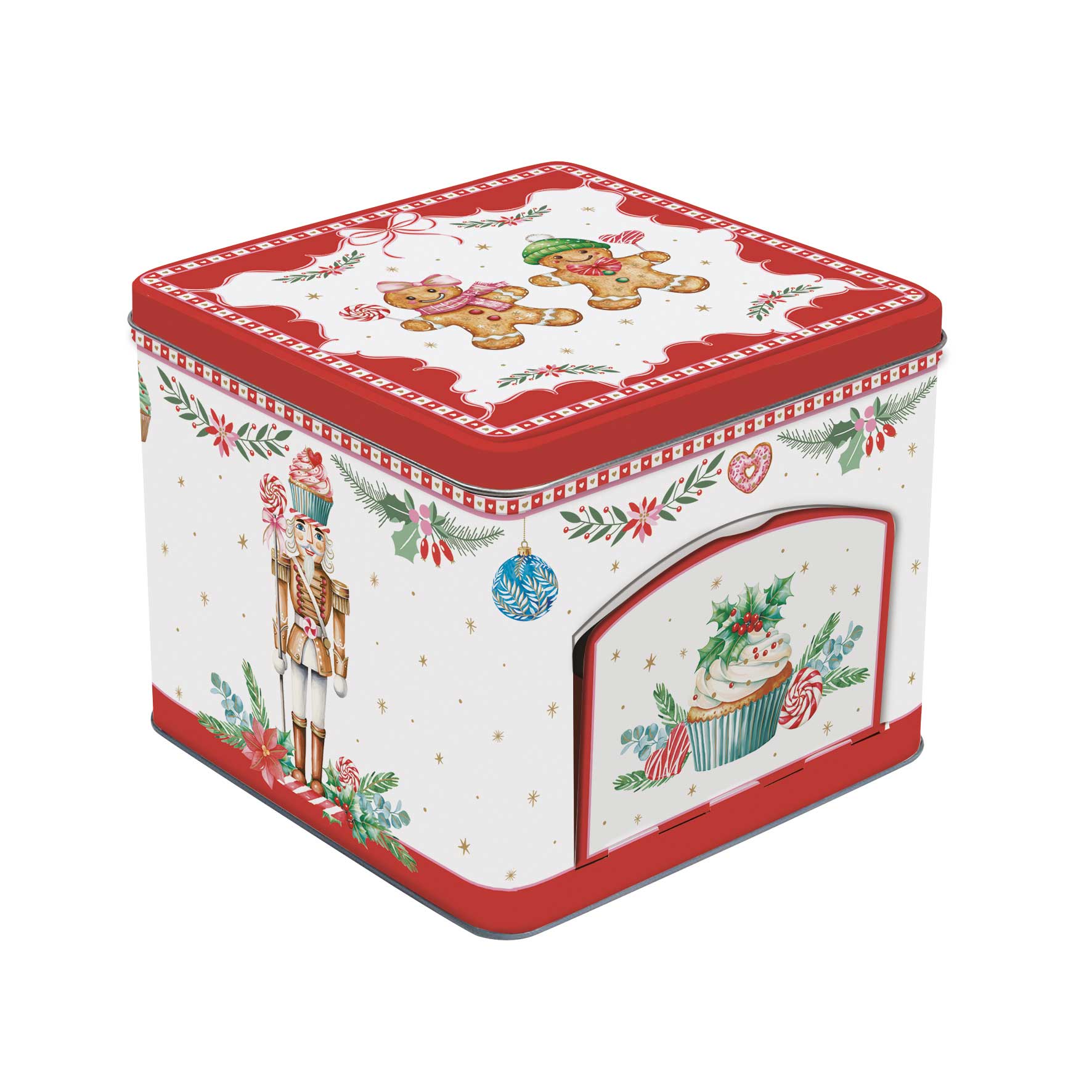 Karácsonyi kihajtható ablakos fém tároló doboz Sweet Christmas 14x14x12 cm