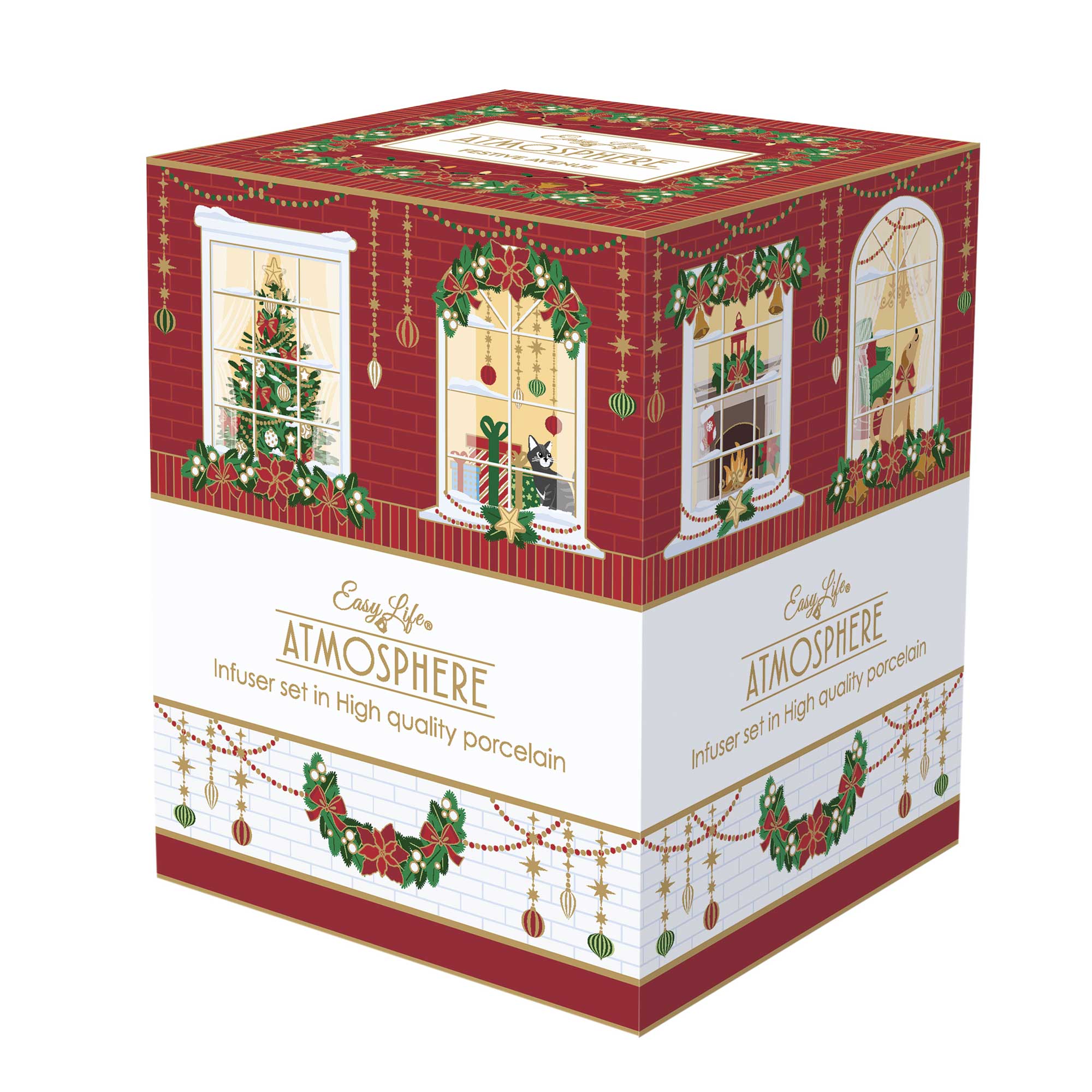 Karácsonyi porcelán teás bögre fém szűrővel díszdobozban Festive Avenue