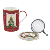 Karácsonyi porcelán teás bögre fém szűrővel díszdobozban Festive Avenue