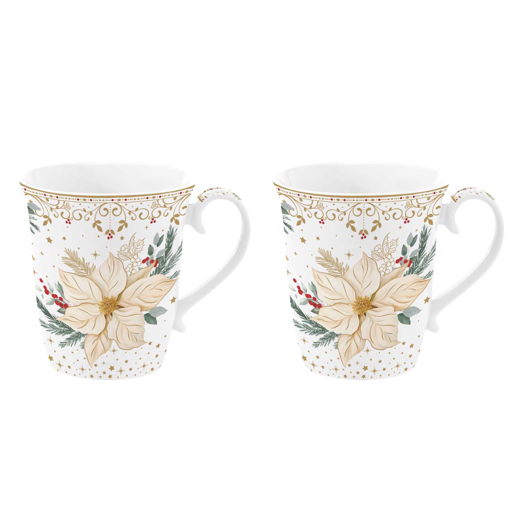 Karácsonyi porcelán bögre 2 személyes szett díszdobozban fehér arany mikulásvirág White Elegance