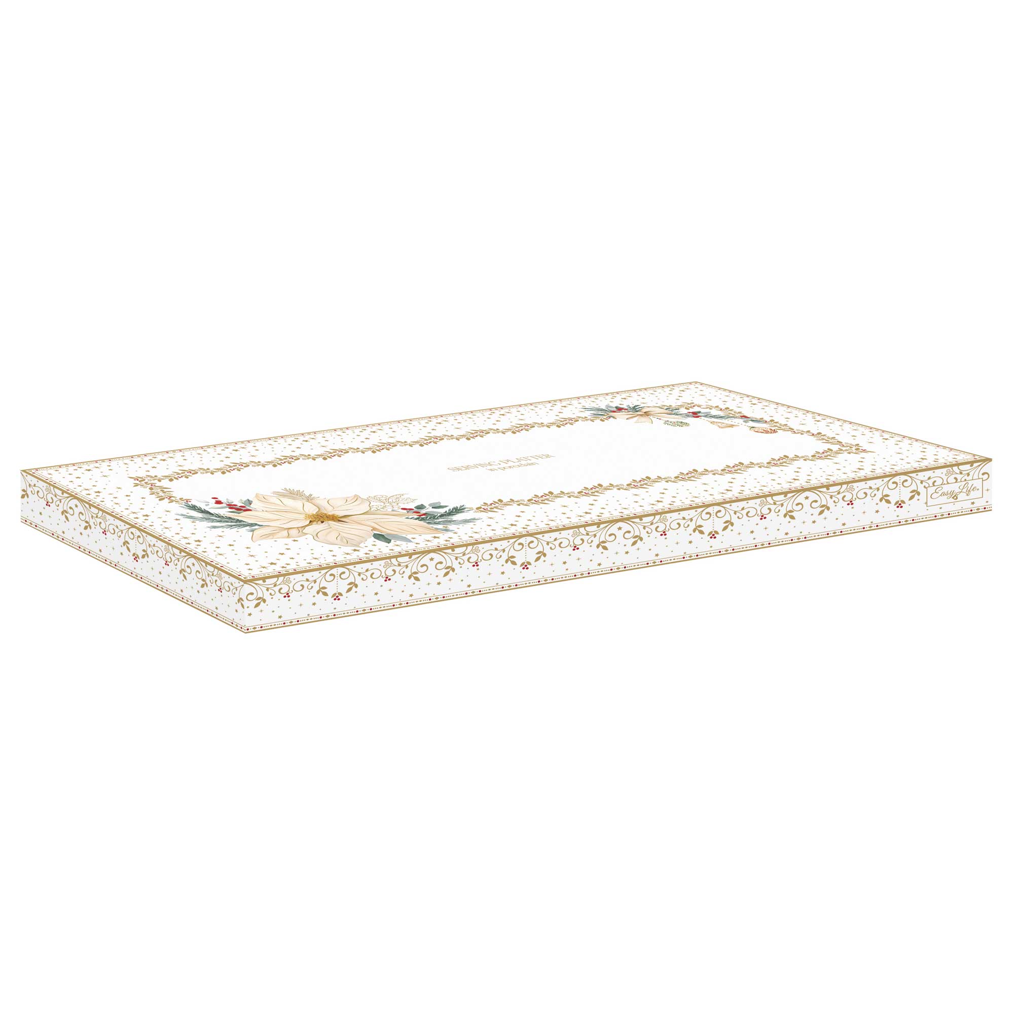 Karácsonyi porcelán kínáló tál 35x15 cm díszdobozban fehér arany mikulásvirág White Elegance