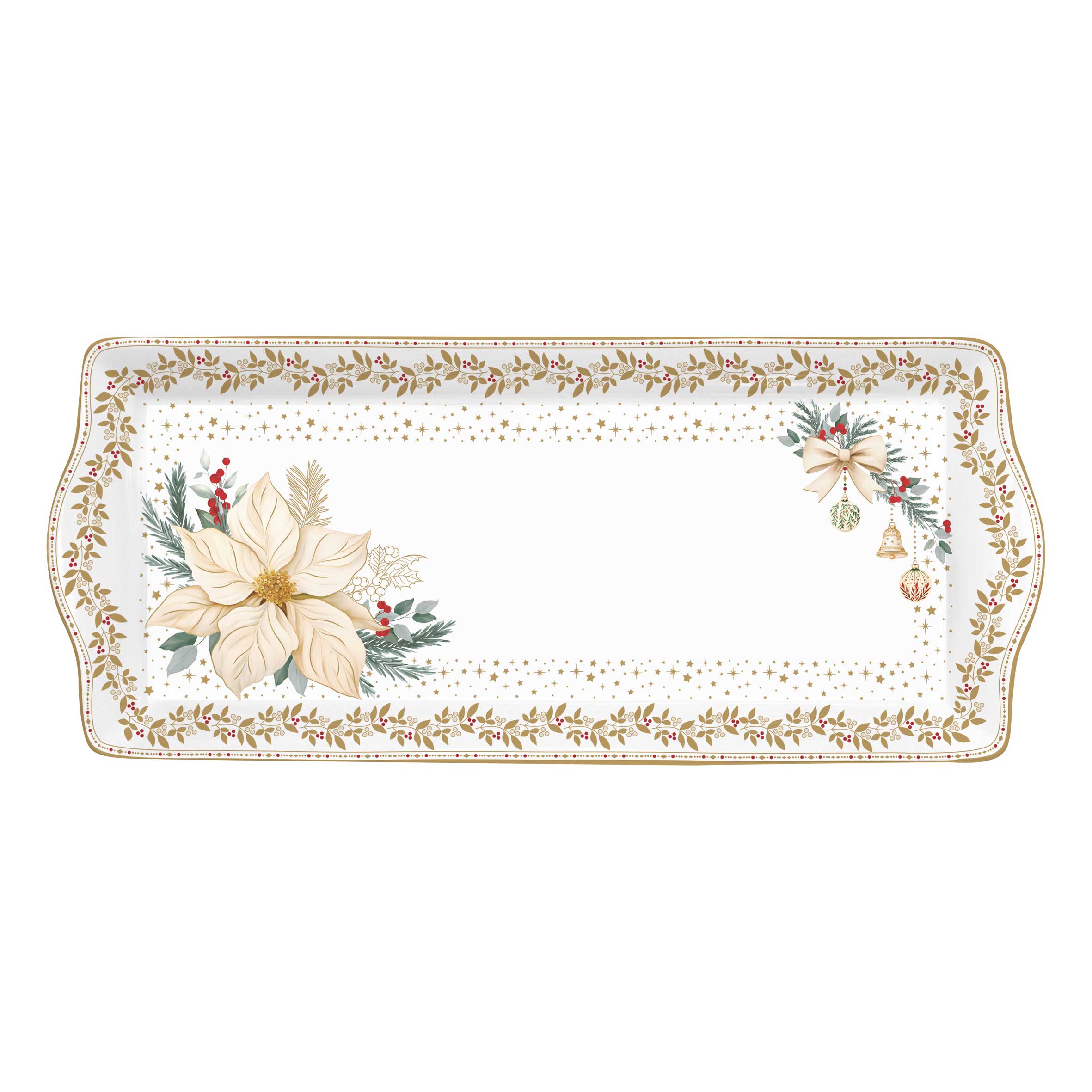 Karácsonyi porcelán kínáló tál 35x15 cm díszdobozban fehér arany mikulásvirág White Elegance