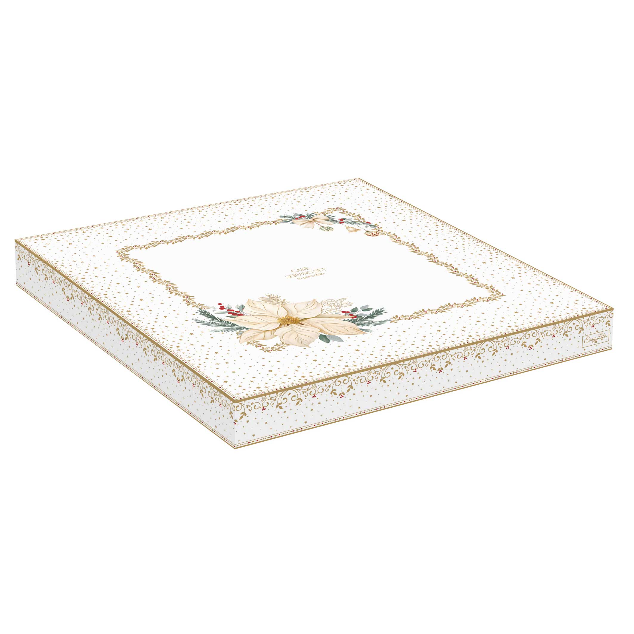 Karácsonyi porcelán tortaál lapáttal Ø 32 cm díszdobozban fehér arany mikulásvirág White Elegance