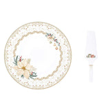 Karácsonyi porcelán tortaál lapáttal Ø 32 cm díszdobozban fehér arany mikulásvirág White Elegance
