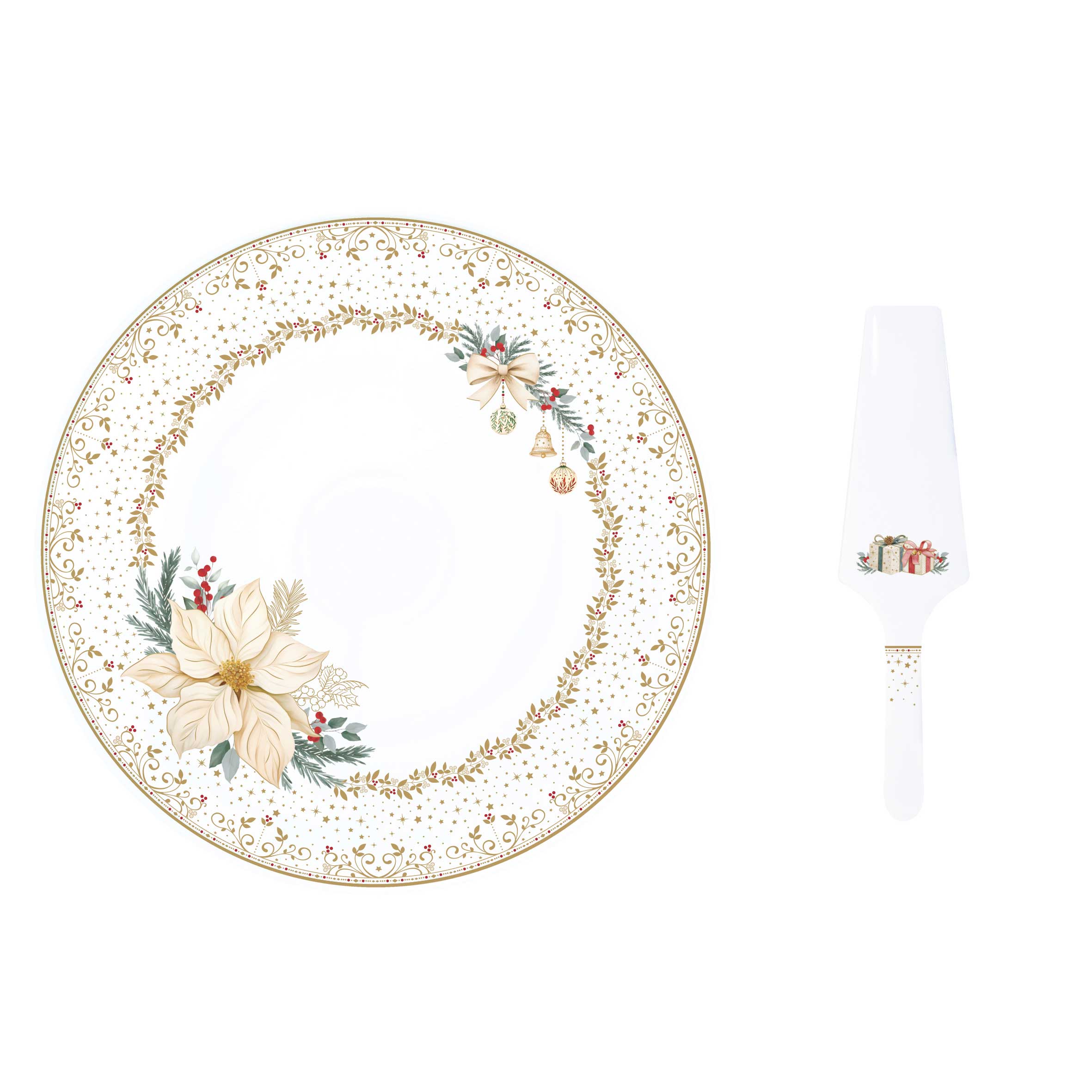 Karácsonyi porcelán tortaál lapáttal Ø 32 cm díszdobozban fehér arany mikulásvirág White Elegance