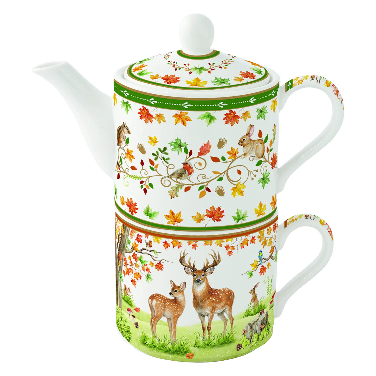 Őszi erdei mintás porcelán egyszemélyes teáskészlet díszdobozban