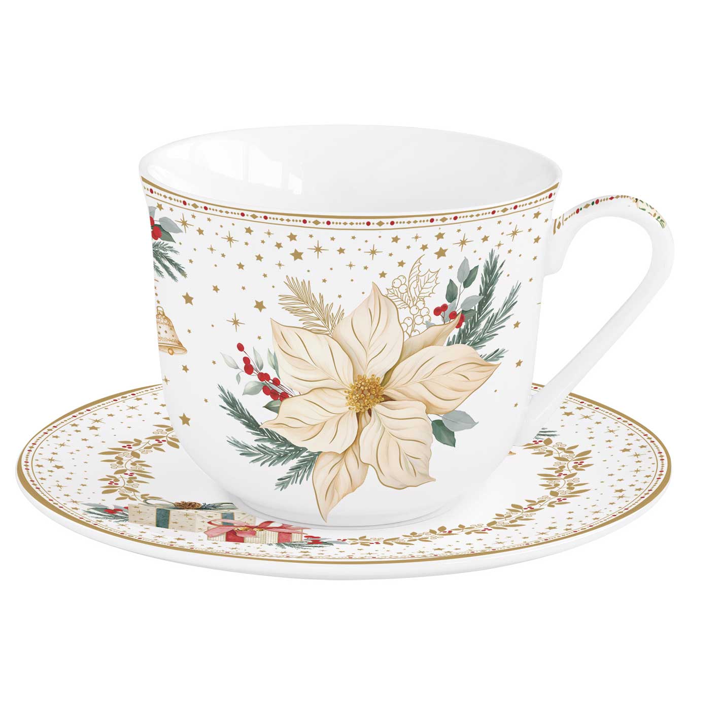 Karácsonyi porcelán nagy reggeliző csésze 370 ml díszdobozban fehér arany mikulásvirág White Elegance