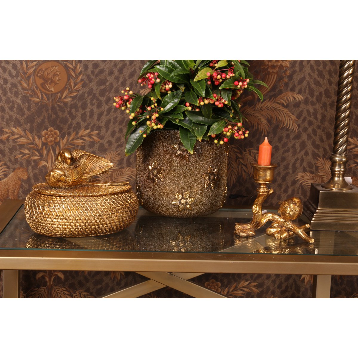 Vintage gyertyatartó 12 cm – madaras, arany