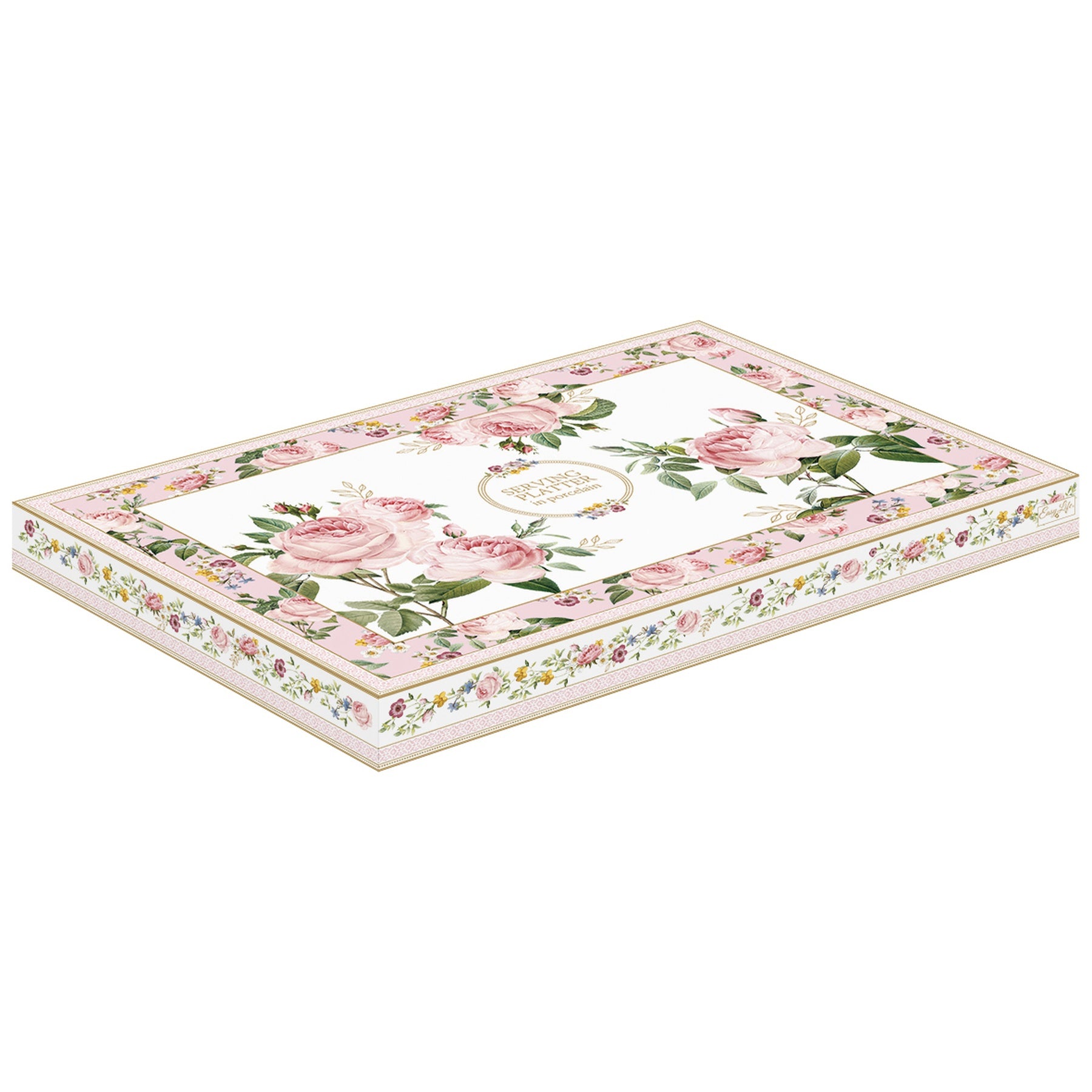 Porcelán ovál tálca 35x23,5 cm díszdobozban – Rózsa mintás Chant des Roses